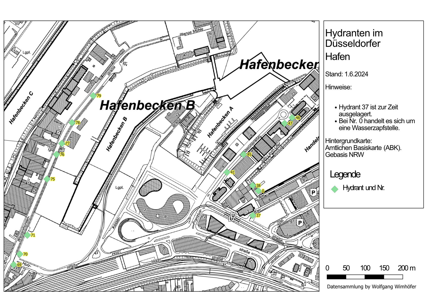 Plan der Route des Hydranten-Denkmalpfads im Düsseldorfer Hafen